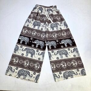 Elephant Print Wide Leg Pants Women Small Brown White Boho Yoga Pant Comfortable